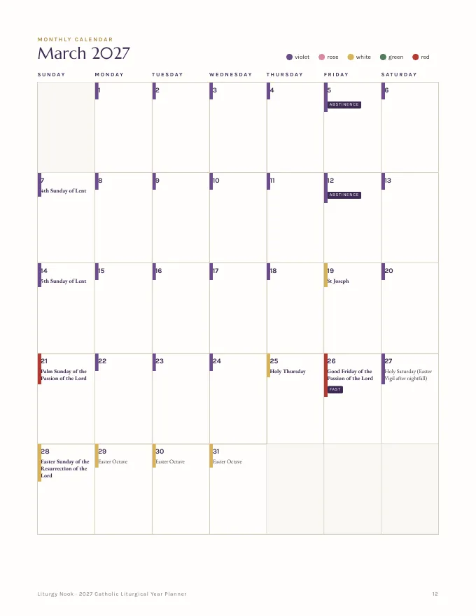 Inside pages of the 2027 Catholic Liturgical Year Planner