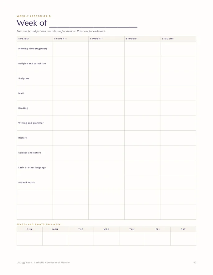 Weekly lesson grid with one row per subject and a column for each of up to four students