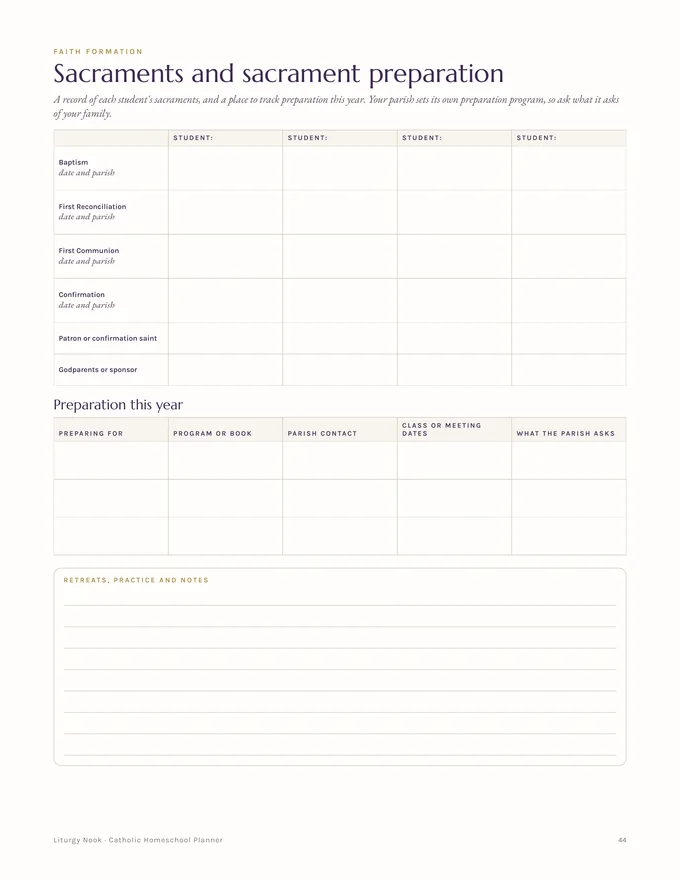 Sacraments and sacrament preparation tracker page