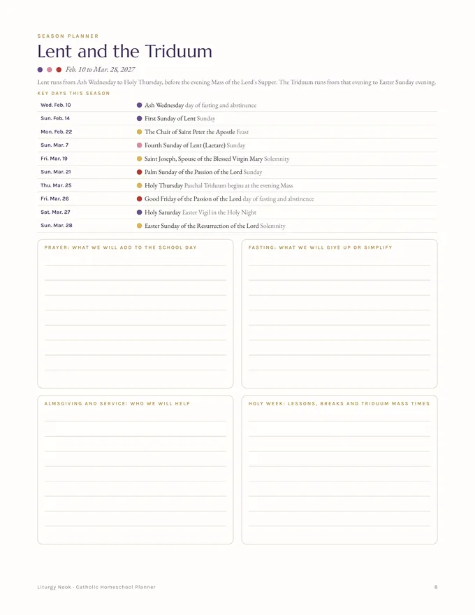 Lent and the Triduum season planner page with key days for 2027
