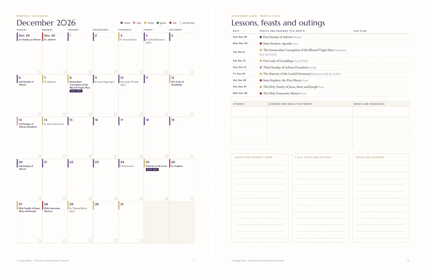December 2026 monthly calendar in liturgical colors with a school-day box for each day, and the facing month plan listing that month's feasts