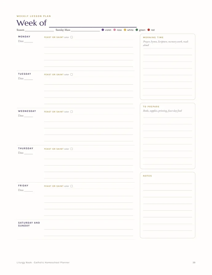 Weekly lesson plan page with a feast or saint line for each day